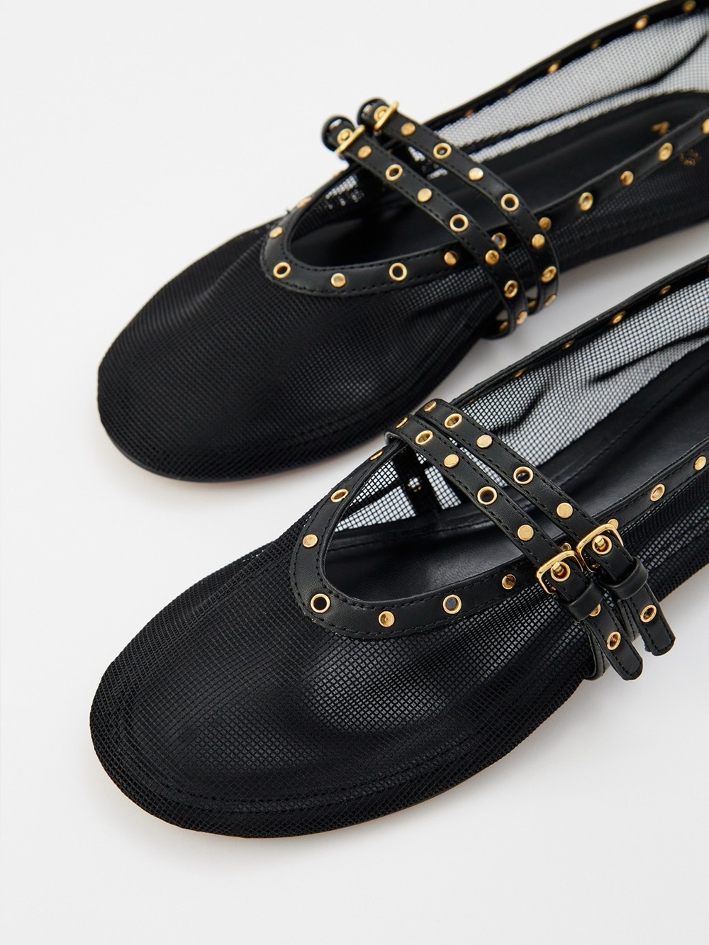 Mango Mesh Ballerina Flats Black Gold Studded Double Strap Mary Jane US 8.5